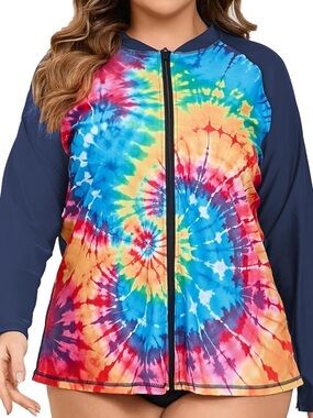 Halcurt Tie-Dye Zip Long Sleeve Front Rash Guard Navy Sleeves UPF 50 Sz 1X NWT